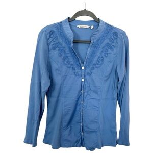 Soft Surroundings Rissani Shirt Blue Button Front Embroidered Blouse Medium